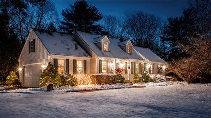Illuminated house and snowy yard under a twilight sky.