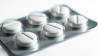 White paracetamol pills in blister pack. Medicine packaged for dosage. Pain relief medication in clear plastic and foil. Pharmaceuticals for health.