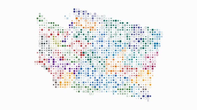 Washington animated shape. Pulsating colored dots on the map of the state. Small size rounded square blocks. Digital style Washington map on white background. Creative animation video.