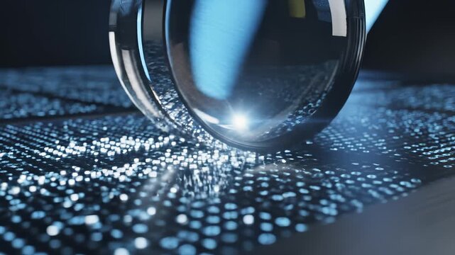Close up of a clear sphere illuminating a futuristic digital surface with glowing binary data, representing big data analysis concept and technological insight