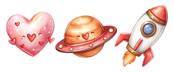 Whimsical Watercolor Love Symbols for Space Travelers and Artistic Adventures