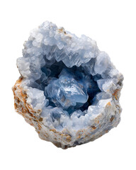 Close up of celestite crystal nest with blue mineral growth Isolated on a transparent background