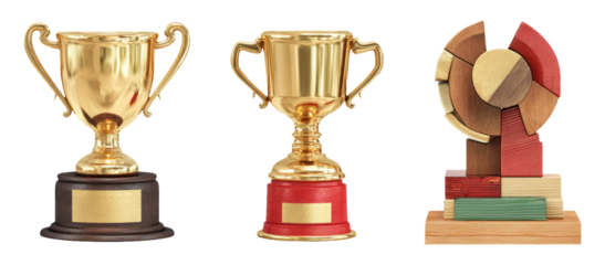 Three Unique Trophies on Display with Distinct Designs and Colors for Recognition