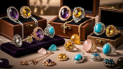 A stunning collection of exquisite gemstone rings and precious jewelry displayed on an elegant surface, showcasing luxury and masterful craftsmanship