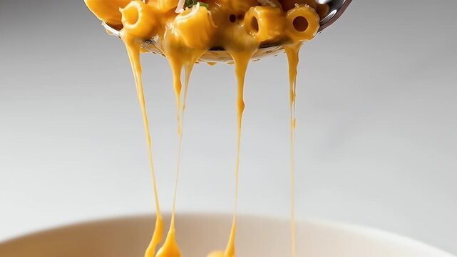 Close Up of Golden Macaroni and Cheese on a Silver Spoon with Greens and Cheese in Bright Studio Light