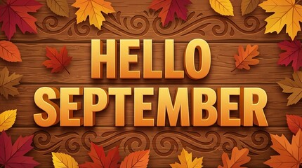 The phrase “HELLO SEPTEMBER” written with colorful autumn leaves scattered on a rustic wooden background, celebrating cozy fall season