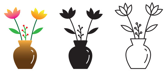 Flower vase icon vector with flower. Tulips in vase symbol. Silhouette of flowers line icons. Vector illustration.