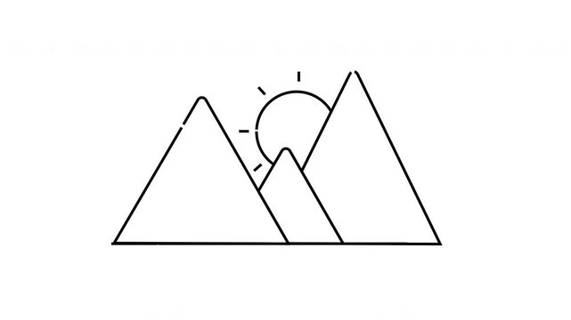 Three mountains a flat ground line and a partially obscured sun with rays