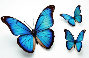 Fototapeta premium Three bright blue butterflies Cymothoe excelsa on clean white background. Insects have spread wings, showing detail. One large butterfly dominates foreground.