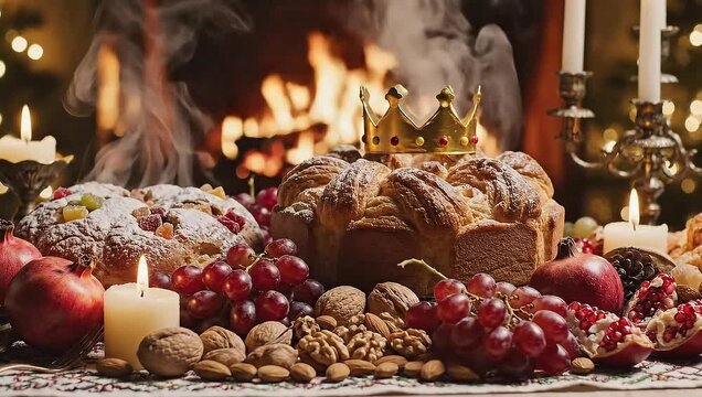 Festive king cake with golden crown, surrounded by fresh grapes, pomegranates, nuts, and lit candles, with a warm fireplace in the background, perfect for epiphany or christmas celebration