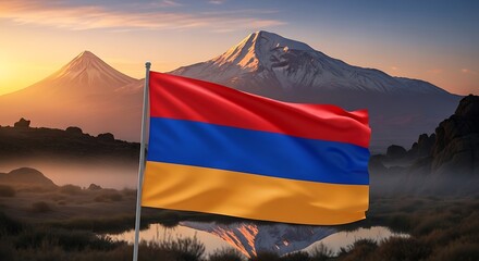 Armenian flag waving proudly against the majestic Mount Ararat at sunrise.