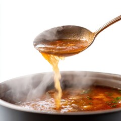 Close-up of Ladle Pouring Hot Soup
