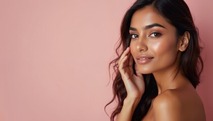 Fototapeta na wymiar Beautiful Indian woman with glowing skin touches her face gently. She has dark wavy hair and wears subtle makeup. Her look is confident and elegant against a soft pink background.