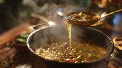 Ladling Hot Gumbo Stew into Serving Pot