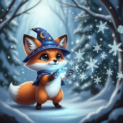 Naklejka premium Adorable cartoon fox kit conjures sparkling snowflakes in a wintry forest scene