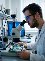 Investigaci&oacute;n de placa de circuito con microscopio