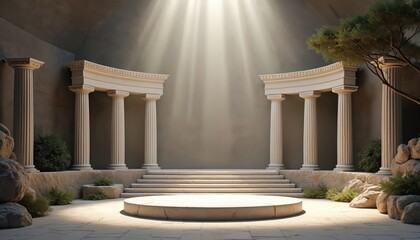 Stage with Greek columns and podium for product display. Ancient architectural background with light rays. Ideal for luxury, beauty or historical themes.