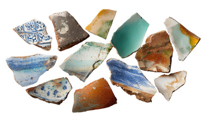 Flat lay of assorted pottery shards with visible glaze Isolated on a transparent background