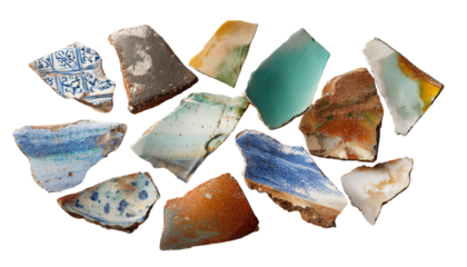 Flat lay of assorted pottery shards with visible glaze Isolated on a transparent background