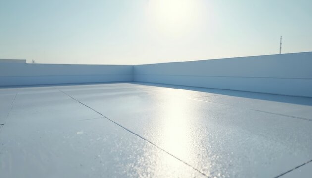 Waterproof coating applied to flat roof surface. Modern building exterior protection from moisture. Weather barrier installation secures structure.
