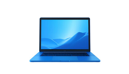 A sleek, light blue laptop is centered on a black background, its screen displaying a blue abstract landscape