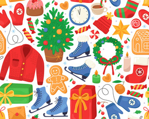 Christmas seamless pattern, colorful christmas elements on white background. Tree, mittens, gift, gingerbreads, skates, wreath, sweets, festive Christmas colorful elements.