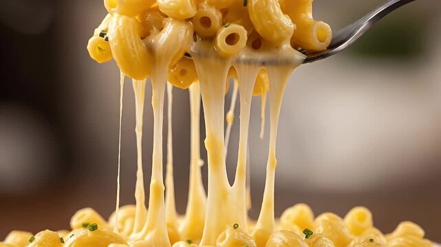 Close Up of Macaroni and Cheese on Silver Fork with Creamy Cheese Pulls and Green Garnish on Brown Table