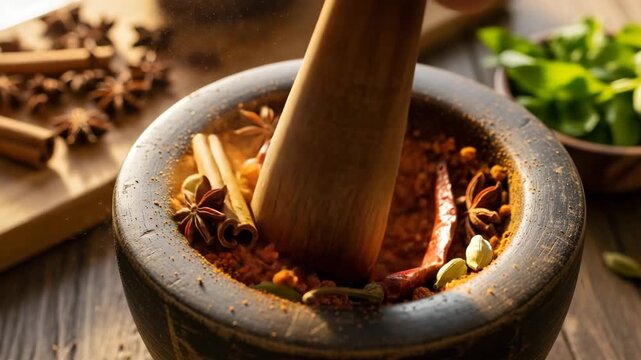 Spices being ground in a mortar with pestle on wooden table