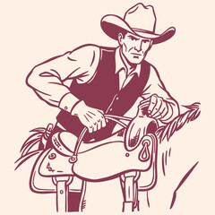 Retro Vector Illustration of Intense Cowboy on Horseback Adjusting Saddle. Vintage Western Rider in Pop Art Style.