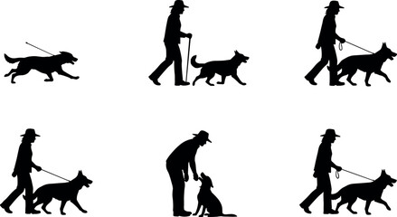 Dog training and companionship silhouettes &ndash; flavector vector set of human-canine interaction and trust