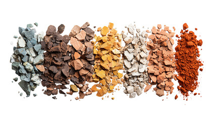Flat lay of sorted raw mineral chips arranged by tone Isolated on a transparent background