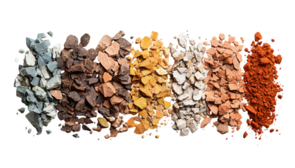 Flat lay of sorted raw mineral chips arranged by tone Isolated on a transparent background