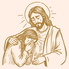 Hand-Drawn Sketch of Jesus Christ Comforting Crying Woman. Religious Vector Art Depicting Divine Solace, Compassion, and Faith.
