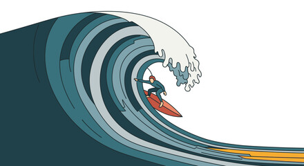 Surfer riding a massive ocean wave, dynamic illustration of extreme water sports and adventure on a white background