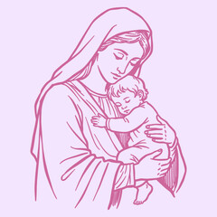Virgin Mary and Baby Jesus Hug Illustration. Hand Drawn Madonna and Child Vector Art in Pink Sketch Style for Spiritual Design.