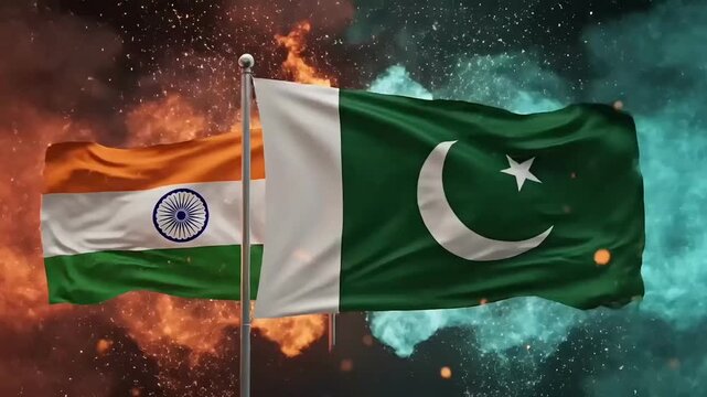 Indian power rivalry animation showing India and Pakistan flags with fire and energy effects in dynamic motion symbolizing Republic strength Independence awareness and strategic Army tension in India 