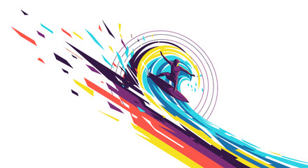 Dynamic abstract illustration of a surfer riding a colorful, stylized wave with energetic splashes and circles