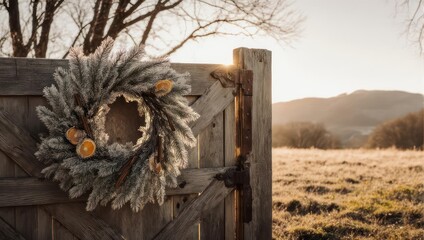 Rustic winter wreath hanging on a wooden country gate at sunrise.