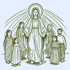 Fototapeta premium Divine Apparition: Hand Drawn Sketch of Virgin Mary Blessing the Faithful | Religious Christian Vector Art and Devotional Line Drawing