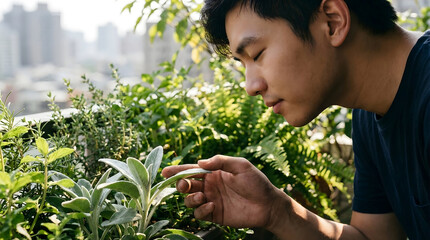 Joven asi&aacute;tico cuidando plantas en la azotea