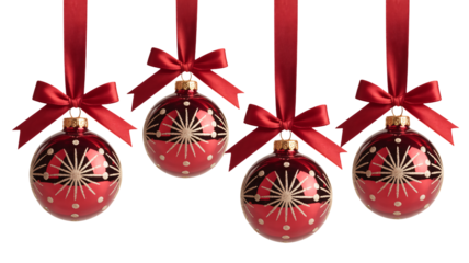 Red Christmas ornaments with gold accents and ribbons hanging