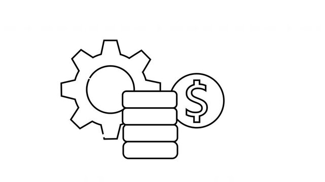 Outlined cogwheel coin  sign and stack of disks against a white backdrop