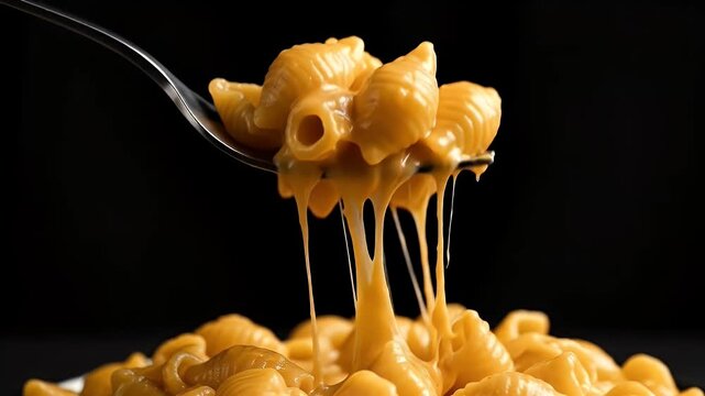 Close Up of Shell Pasta with Melted Cheese on a Fork Against Black Background