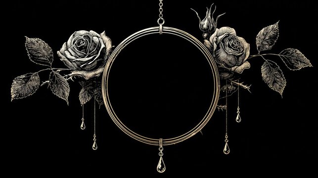 Ornate circular frame embellished with detailed antique rose illustrations and hanging jeweled drops on a black background
