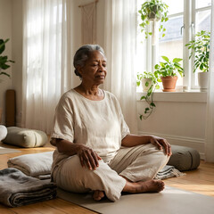 Mujer madura meditando en casa