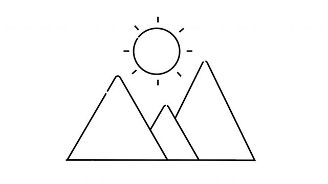 Line drawing of mountains under a sun with rays