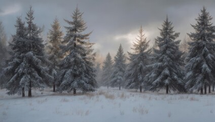 Fototapeta premium Serene Winter Forest Landscape with Snow-Covered Evergreen Trees.