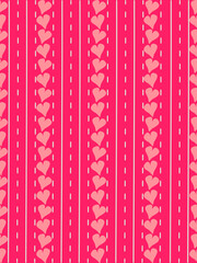 Repeating vertical stripes and white dash lines with light pink heart shapes aligned vertically within each stripe seamless pattern background. Design for valentine theme.
