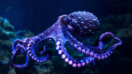 Fototapeta premium Digitally Rendered Octopus with Electronic Components on Ocean Floor in Teal-Hued Underwater Scene