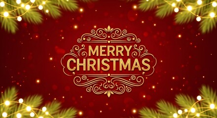 Merry christmas greeting card background with golden text and festive lights on red